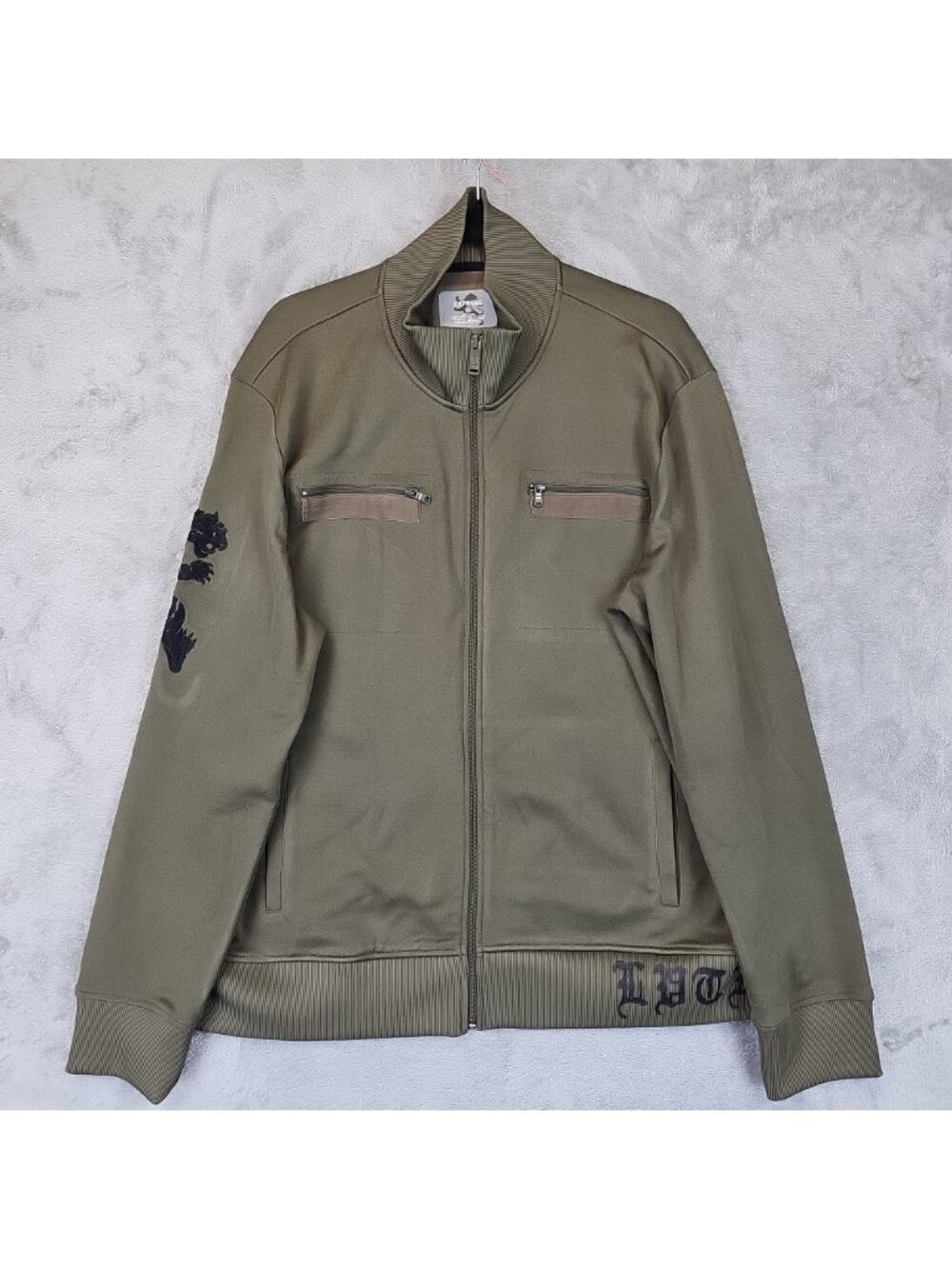 Express Jacket Mens XL Green Embroidered Lion Full Zip Bomber Casual Pockets Y2K